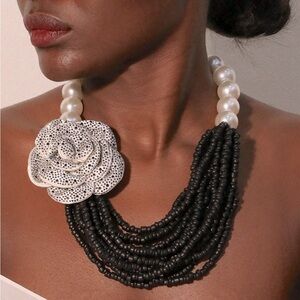 Women’s Vintage Black and White Beaded Necklace with Floral Accent